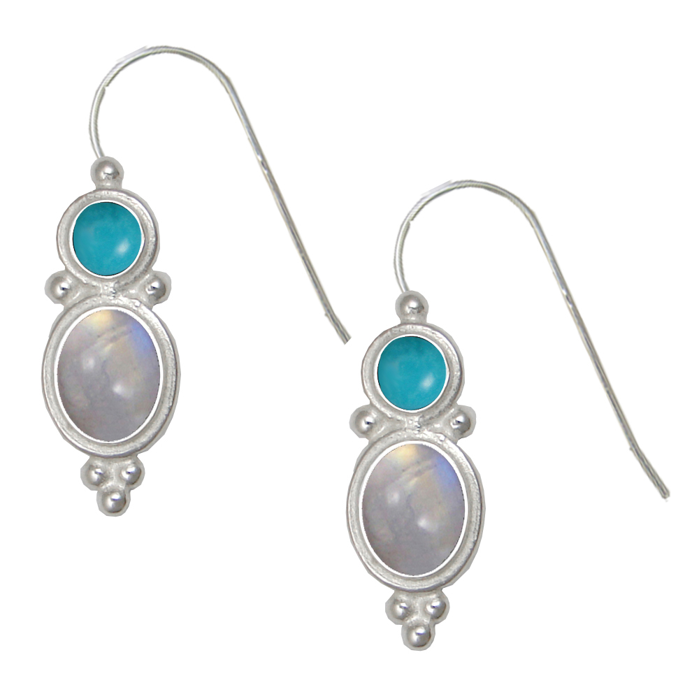 Sterling Silver Drop Dangle Earrings Rainbow Moonstone And Turquoise